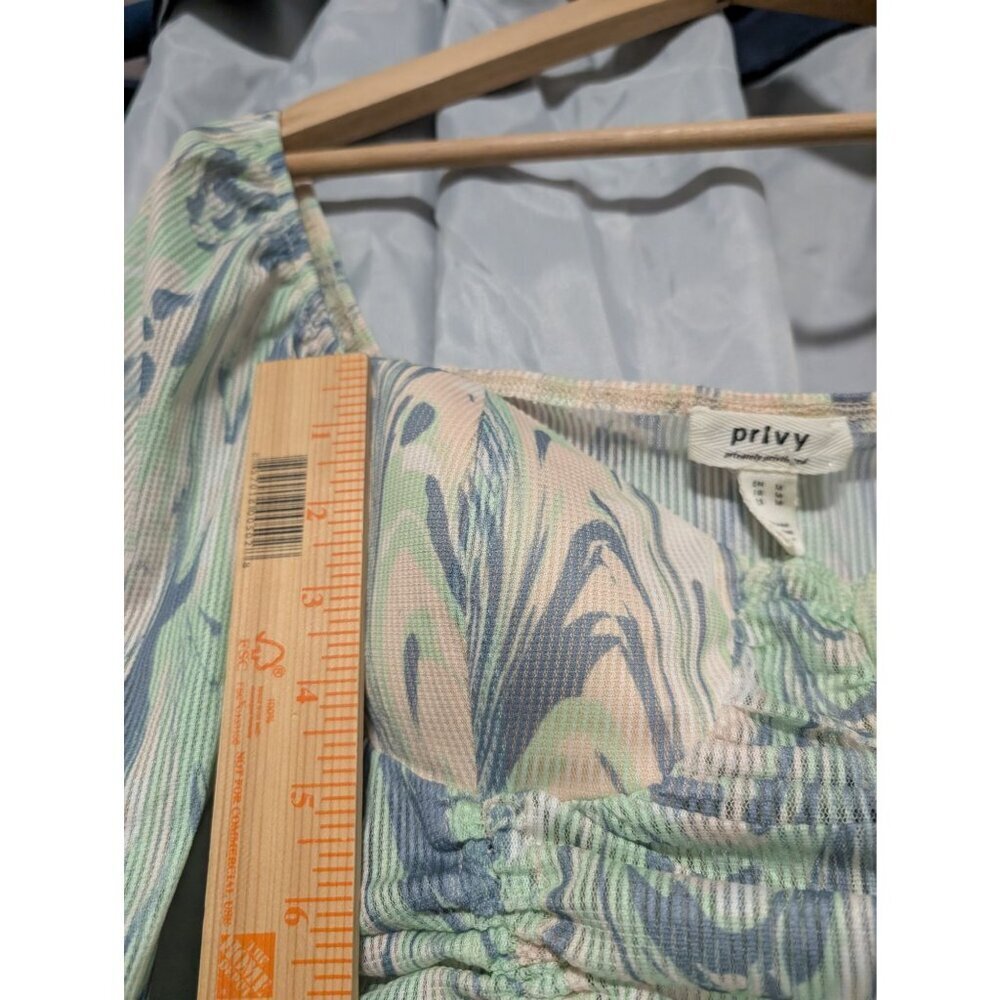 Privy Women's Size M Green Blue Swirl Marble Print Long Sleeve Ruched Crop Top - Picture 9 of 10